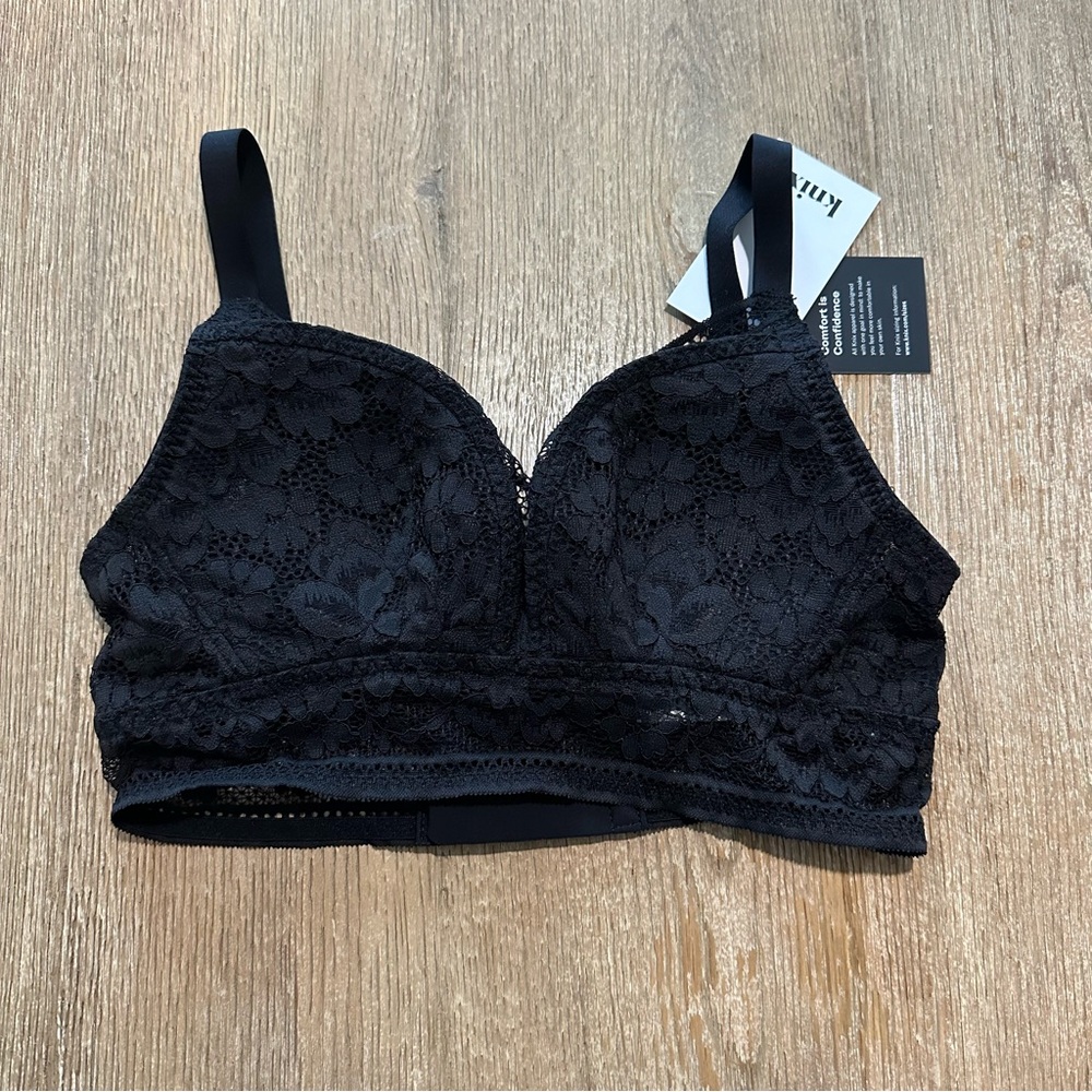 NEW Womens Knix Black‎ Wireless Lace Bustier Deep V Bra Sz S